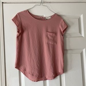 Pink rose vintage dusty pink crew neck round hem pocket front blouse shirt top
